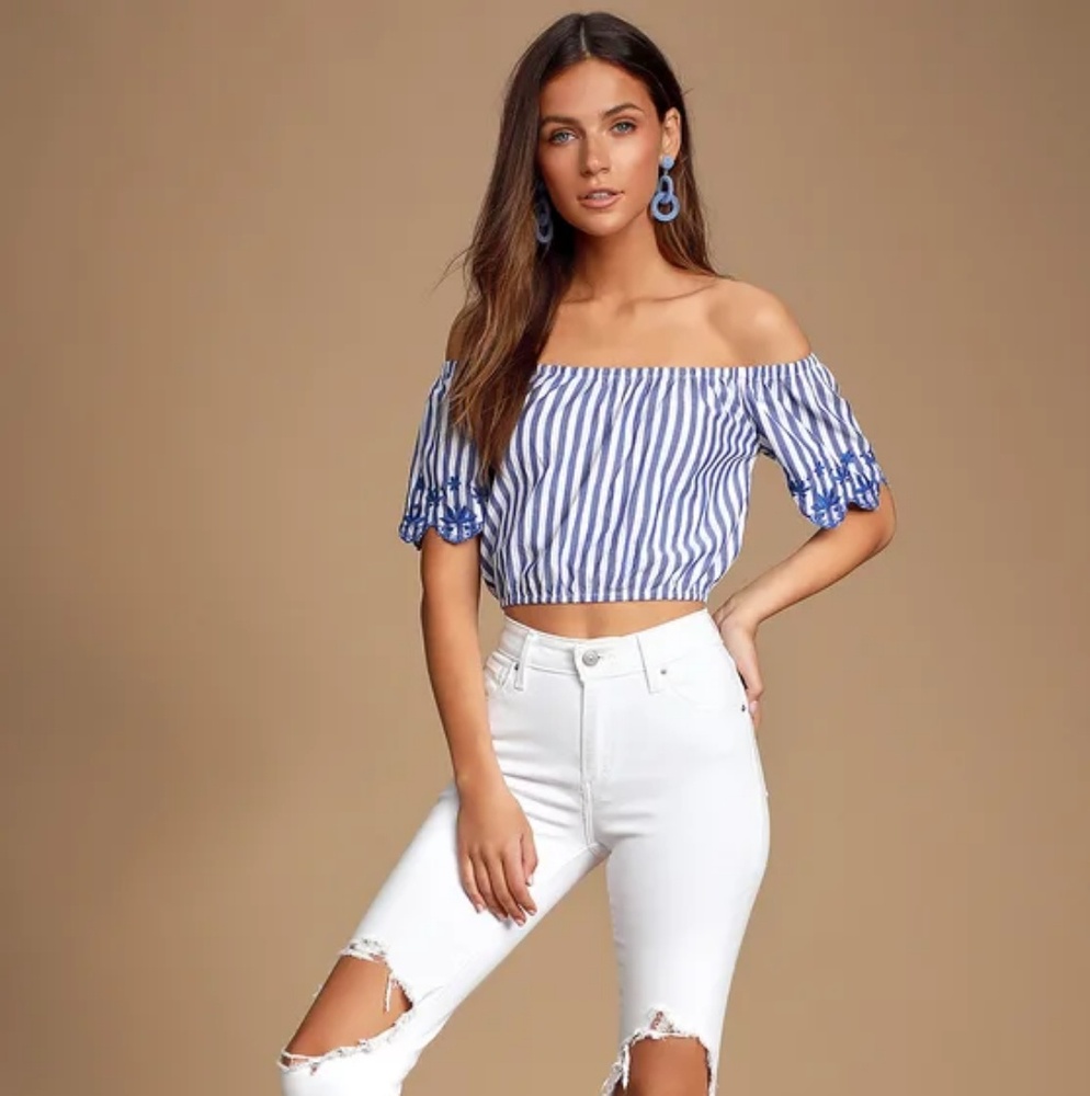 BRAXTYN BLUE STRIPED OFF-THE-SHOULDER CROP TOP